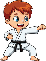 Cute cartoon boy practicing karate in white uniform with black belt, martial arts pose, training illustration, flat vector design