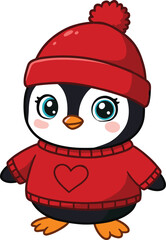 Cute cartoon penguin wearing red winter hat and sweater with heart, festive holiday character, cozy season design, cad drawing flat vector illustration