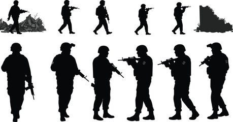 Silhouette illustration of armed soldiers patrolling battlefield ruins with rifles, army troops walking, standing guard, military combat vector design