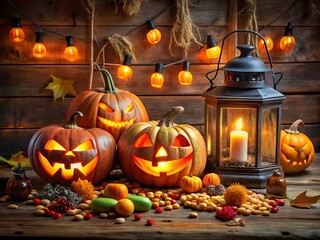 Spooky halloween scene with glowing jackolanterns and lantern on a wooden table, creating festive atmosphere