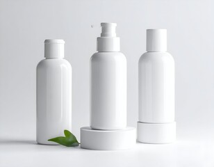 Three white cosmetic bottles, one on a podium, with a leaf, all on a white background