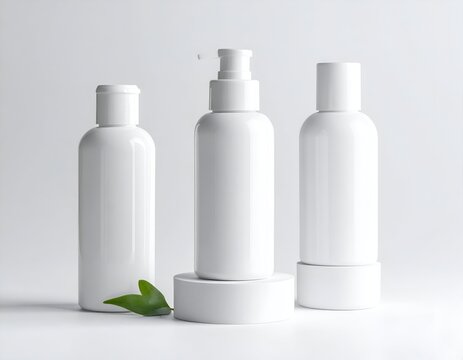 Three white cosmetic bottles, one on a podium, with a leaf, all on a white background