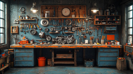 Mechanics workbench with tools and equipment in workshop Generative AI
