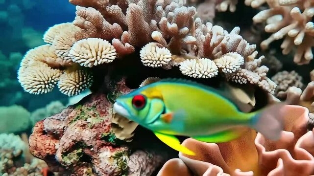 Underwater Tropical Coral Reef Ecosystem with Vividly Colored Fish Swimming, Seamless Loop