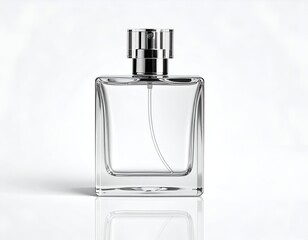 Clear, square-shaped perfume bottle with metallic cap, against white background