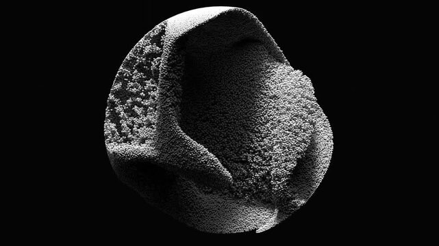 3d render of monochrome black and white abstract art video animation with surreal ball or sphere based on motion small aluminium chrome dust particles in splash as water wave on isolated black back 