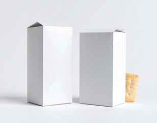 Naklejka premium Two white, closed rectangular cartons stand with a single square cracker on a light backdrop