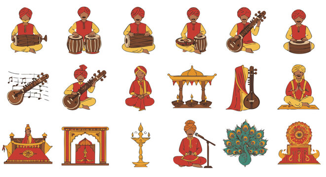 Vector icons set Indian man playing traditional tabla drum isolated