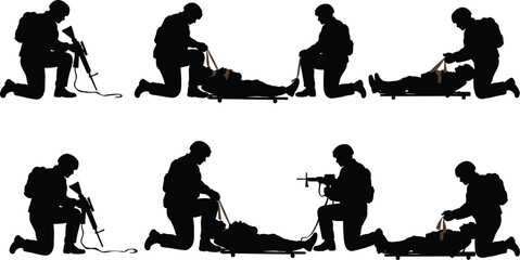 Silhouette illustration of military soldiers providing first aid, carrying wounded comrade on stretcher, battlefield rescue, medical emergency, army combat medic vector design set