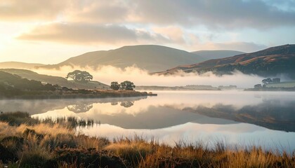 Patchwork Farmland Panorama With Hilly Landscape Under Clear Daylight And Natural Light Reflected In Misty Lake Water Featuring Geometric Shapes