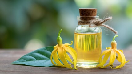Stunning photo of ylangylang essential oil in bottle with flowers and leaf on wooden table.
