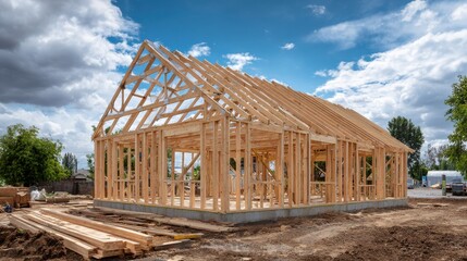 Stunning photo of new house construction framing with blue sky and cloud in background.