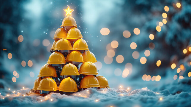 Christmas tree made of yellow construction helmets with glowing star and lights, celebrating Christmas in the construction industry, with a festive atmosphere and bokeh effect in a dark background