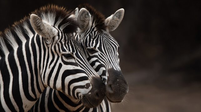 Close-up of two zebras, heads touching, showing black and white stripes