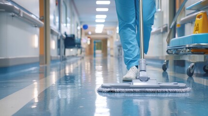 Stunning photo of unrecognizable worker cleaning the floor with mop in hospital corridor.