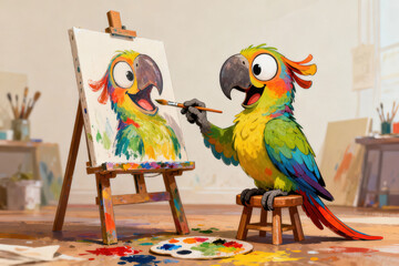 Colorful cartoon parrot sitting on stool joyfully painting self-portrait on canvas in bright artist studio with playful expression
