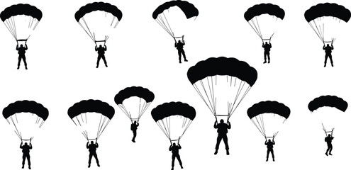Silhouette illustration of parachutists descending with parachutes, military paratroopers or adventure skydivers, airborne jump, parachuting and skydiving vector design set