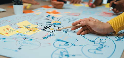 A dynamic scene of teamwork in an office, showcasing individuals collaborating on creative ideas with colorful sticky notes, capturing the essence of brainstorming and planning. SACTR