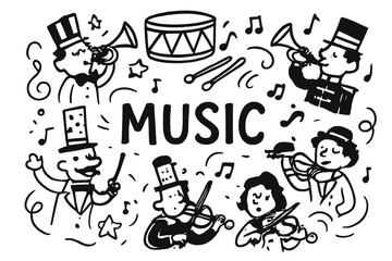 Circus Orchestra Doodle. Doodle circus orchestra with trumpets, violins, and drums, center word &ldquo;Music&rdquo; in black and white
