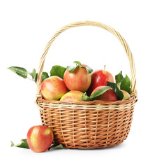 Fresh ripe apples in wicker basket isolated on white