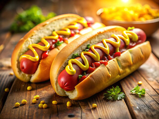 Two delicious hot dogs with mustard and ketchup on a wooden table with corn kernels scattered around
