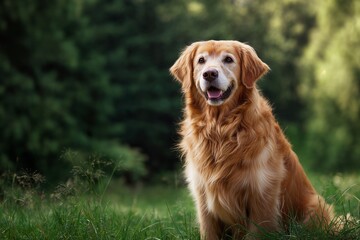 Golden retriever senior dog sitting in lush green grass, gazing with a happy, peaceful expression, enjoying an outing in nature, showing pet companionship and loyalty
