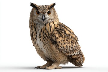 Fototapeta premium Majestic Owl in Posed: A striking owl with piercing eyes and detailed plumage stands proudly, showcasing the essence of avian grace and wild elegance.