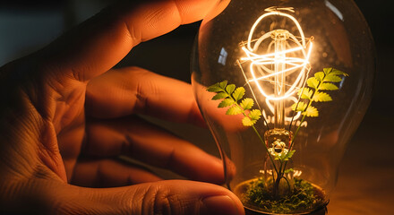 Hand holds lit light bulb with miniature plant inside, symbolizing energy and life, technological innovation and sustainability with light and plant growth, creative concept of renewable energy and gr
