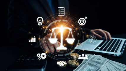 Futuristic digital law interface displaying justice scale, highlighting digital law, AI compliance, digital law systems, and digital law regulations for secure governance. Elide