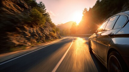 Obraz premium Stunning photo of car driving on a scenic mountain road during sunset with sun shining brightly.