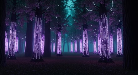 Fototapeta premium Ethereal Digital Forest - Luminous Purple Trunks, Distant Cyan Glow, and Mystical Path.