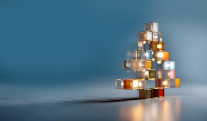 Digital pixel Christmas tree shaped from retro 8-bit game graphics, glowing in dark background with copy space, trendy design Xmas Season Greetings