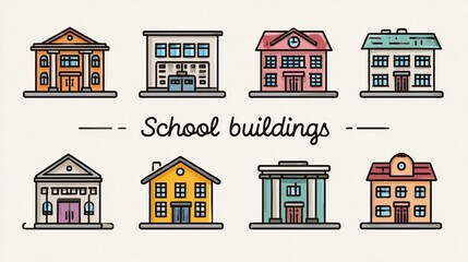 Collection of diverse, colorful illustrations of school buildings in a row