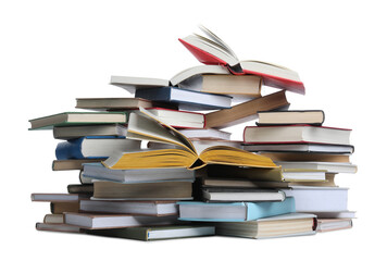 Group of different stacked books isolated on white