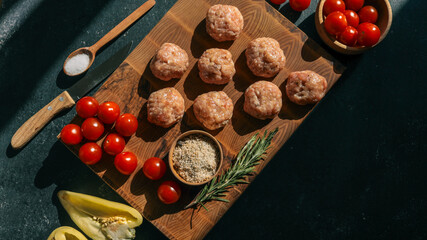 Meatballs and Ingredients on a Wooden Board
