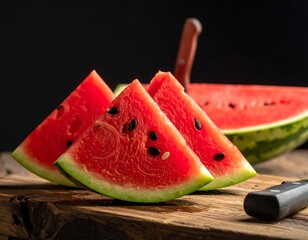 Freshly sliced, juicy watermelon on a wooden cutting board, knife included