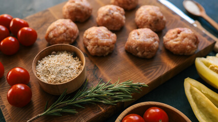 Raw meatballs with fresh ingredients on a wooden cutting board.