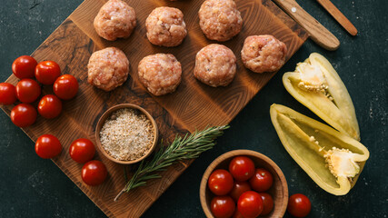 Raw meatballs with fresh ingredients on a wooden board