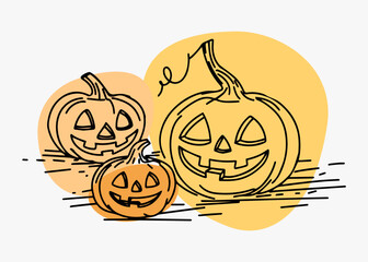 A set of funny pumpkins drawn in line art style.