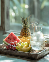 창가 자연광 속 여름 과일 정물