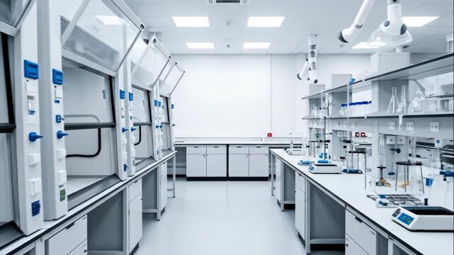 Sterile laboratory interior with fume hoods, glassware, and experiment equipment, a clean modern chemistry research facility footage.