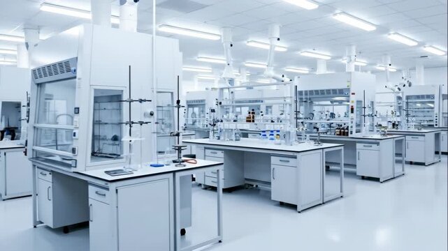 Modern empty chemical laboratory with fume hoods, beakers and diverse glassware for scientific research, chemistry footage.