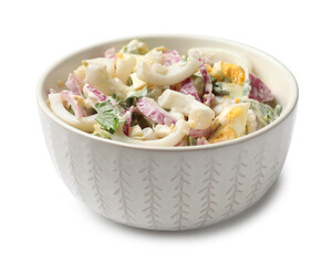 Tasty salad with squid rings, onion and eggs isolated on white