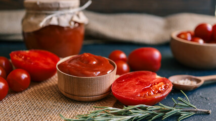 Fresh tomato sauce with tomatoes and rosemary on a rustic table.