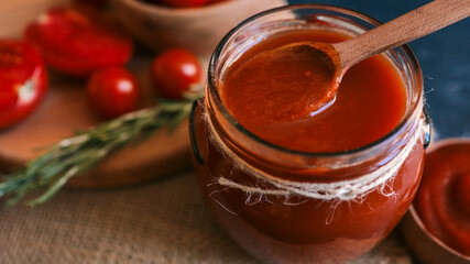 Homemade tomato sauce in a jar with a wooden spoon and fresh tomatoes.