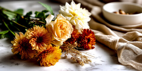 An autumn floral arrangement with a rose and chrysanthemums on a marble tabletop.