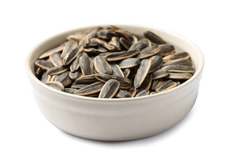 Sunflower seeds in bowl isolated on white