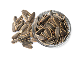 Sunflower seeds in bowl isolated on white, top view