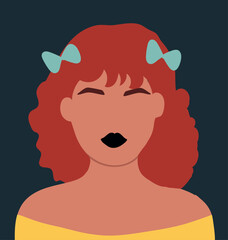Abstract girl portrait, female avatar with bows, hairstyle, youth, red hair user profile. Hand drawn vector illustration.