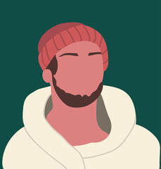 Abstract young man portrait in beanie hat. Faceless male character with beard.  Hand drawn vector illustration.